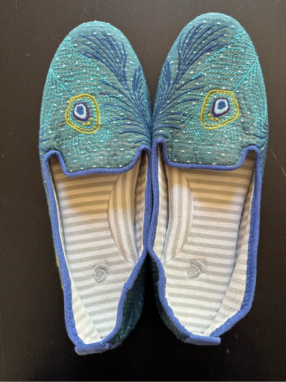 Acorn Brand Embroidered Teal Peacock Slip-On Flats - Women